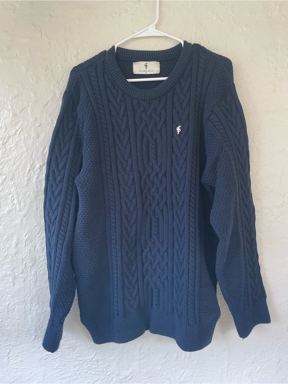 FATHERS & SONS NAVY TWISTED BRAID WEAVE HEAVY SWEATER GOLD  LOGO FSJ036; size XL